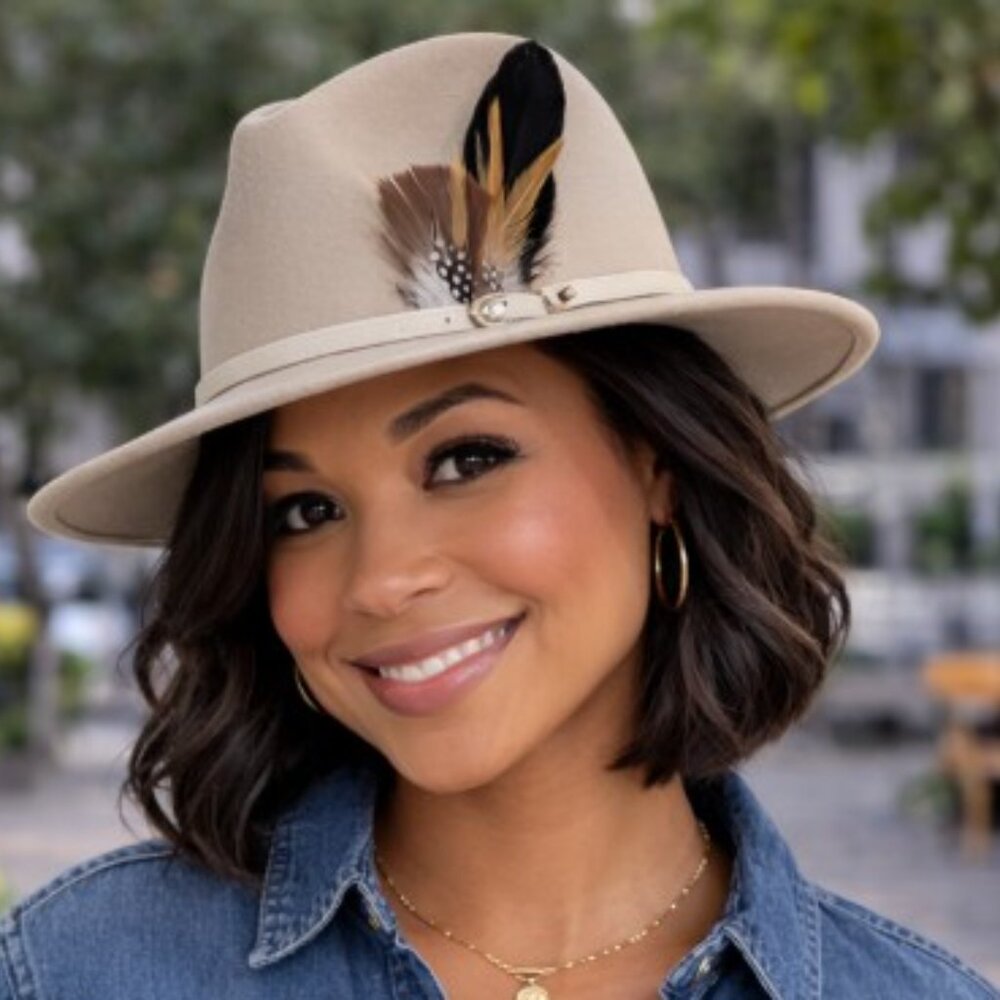 Tan Women's Felt Fedora Western Cowboy Hat White Belt Double Brown Feathers